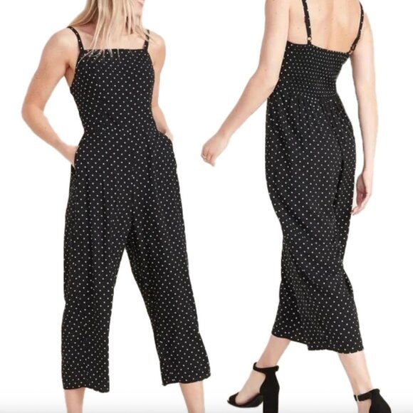 OLD NAVY Square-Neck Cami Jumpsuit Black Polka Dot Smocked XS - Picture 1 of 8